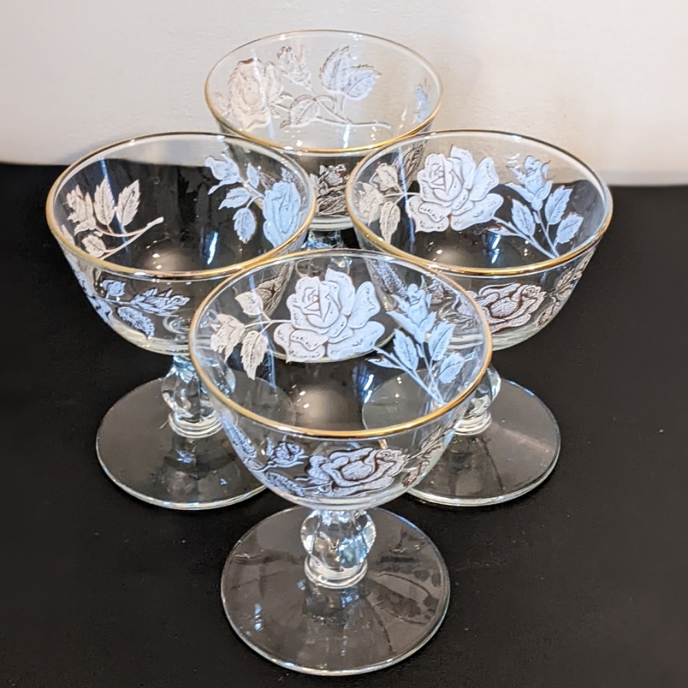 4 Vintage Libbey Short Stemmed Rose Gold Trim Glasses